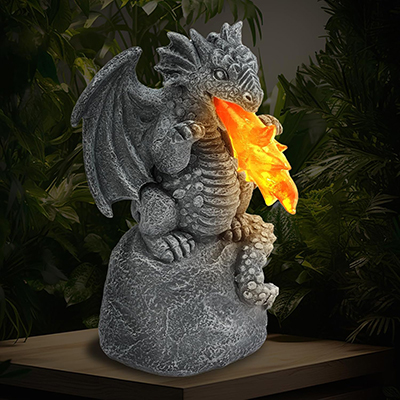 Fun Dragon Garden Statue with Glowing Flames
